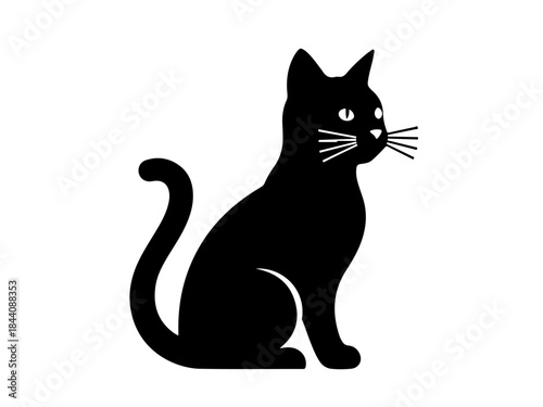A sleek black cat with white whiskers sits gracefully, looking to the right against a plain white background.