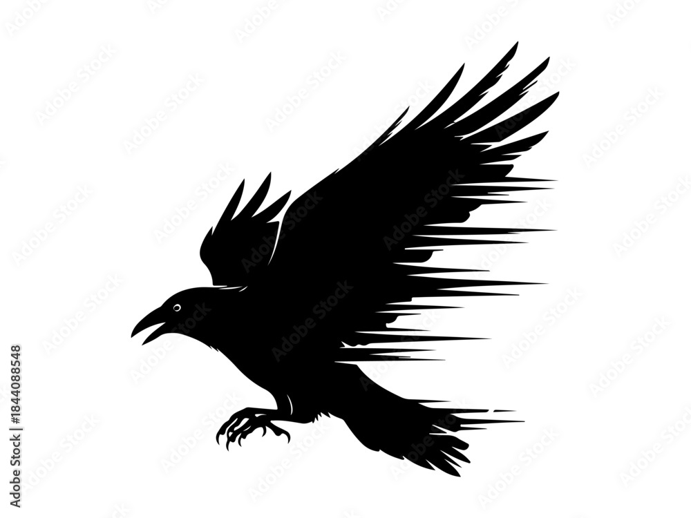 Fototapeta premium A striking black raven in dynamic flight with motion blur effect on its wings and tail, conveying speed and power against a white background.