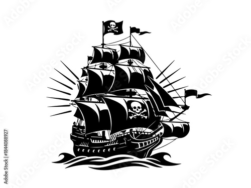 Detailed black and white illustration of a classic pirate ship with sails and Jolly Roger flags, sailing on waves with radiating light.