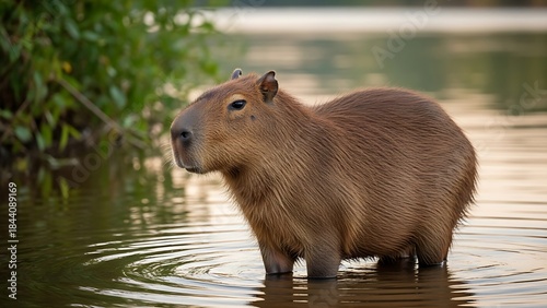 Cute realistic Capybara animal portrait warm brown natural fur calm expression outdoor wildlife photography for stock photo education social media animal content and nature themed design use