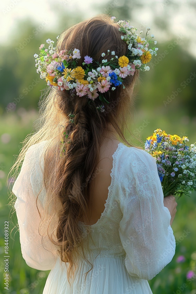 Naklejka premium Young woman with long braided hair wearing a white lace dress and a colorful floral crown holding a bouquet in a natural outdoor setting