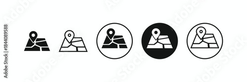 Set of land location icons with map and pointer in various styles, ideal for navigation, travel, destination, and geographical apps or websites