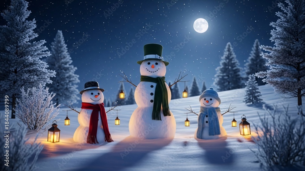 Fototapeta premium Snowman family in the winter forest at night with lanterns and full moon
