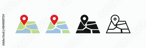 Location pin on map icon set, showing land segmentation. GPS navigation marker in color, black silhouette, and outline styles. Perfect for geography, travel, and logistics design