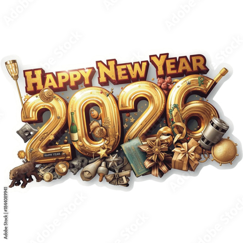 Luxurious Gold 2026 New Year Emblem with Dessert Center