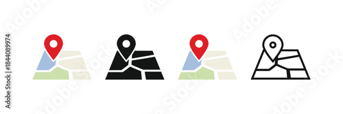 Pin location on map icon set, featuring navigation marker on segmented land. Includes color, black silhouette, and outline versions. Ideal vector for GPS, real estate, travel, and delivery services