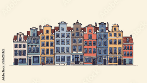Colorful Old European Buildings Facade Row Illustration.