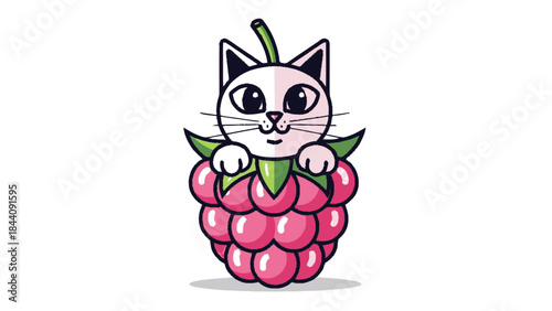 Cute Cat Character Emerging from a Ripe Raspberry Fruit.