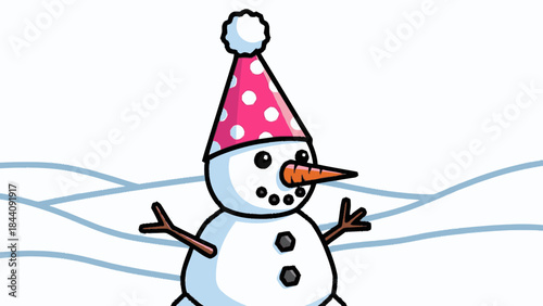 Cute Snowman Wearing a Pink Polka Dot Hat.