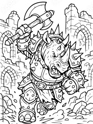 Rhino Knight: A fierce rhino warrior brandishes a battle-axe amidst the ruins, ready for combat. This monochrome artwork exudes power and courage.