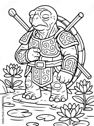Zen Turtle Warrior: A wise, armored turtle stands in serene contemplation amidst a tranquil lily pond, embodying the harmony of strength and inner peace.