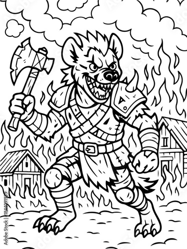 Warrior Hyena in Flames: A ferocious hyena warrior stands amidst a fiery blaze, brandishing a battle-axe and radiating an aura of untamed power and rage.