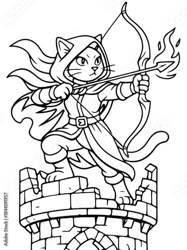 Cat Archer: A brave and skillful cat archer, clad in a hooded cloak, aims his flaming arrow from a castle turret, embodying courage and fantasy.
