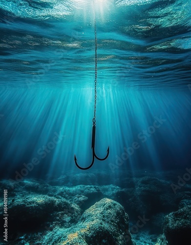 Underwater scene with a fishing hook suspended from a chain illuminated by sunlight filtering through clear blue water above rocky seabed