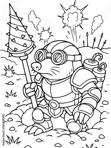 Mighty Mole Warrior: An illustrated mole warrior with goggles, armor and a spiked weapon, ready for battle! 