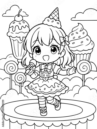 Sweet Performance in a Fairytale Land: An adorable character takes center stage in a whimsical candy-themed world, filled with towering sweets and lollipop trees, performing with infectious energy.