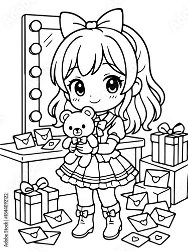 Little girl and teddy bear: A young girl, depicted in an endearing chibi style, embraces a cuddly teddy bear amidst a charming scene. Filled with gifts.