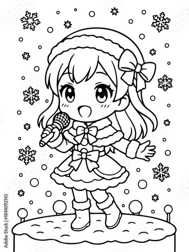 Enchanting Winter Performer: A captivating cartoon character, a young girl, delights onlookers with a melodic serenade amidst falling snowflakes, celebrating winter.