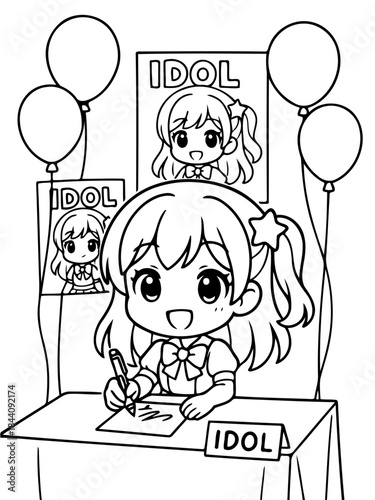 Idol's Autograph Session: A charming illustration depicts a young idol artist signing autographs at her table, complete with cheerful balloons, creating an atmosphere of anticipation.