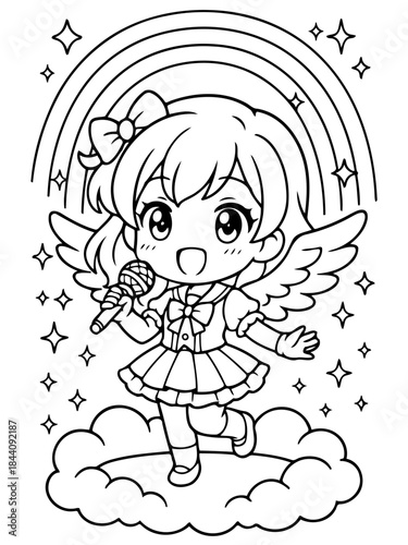 Singing Angel: A charming angelic figure, poised upon a cloud, joyfully sings into a microphone, with a radiant rainbow arching above her, creating a scene of pure, innocent delight.