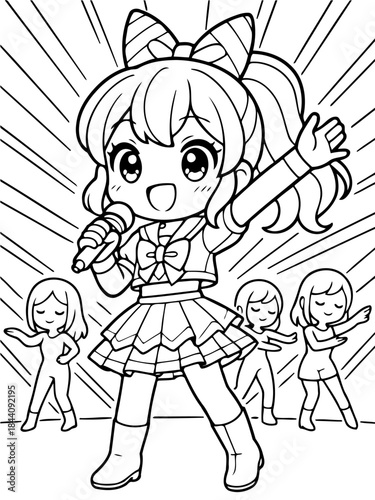 K-Pop Idol's Stage Presence: A captivating illustration captures a k-pop idol commanding the stage with energy and poise, accompanied by her backup dancers.