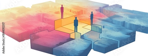 Three silhouetted figures standing on interconnected colorful block platforms with gradient textures, evoking collaboration and strategic connection