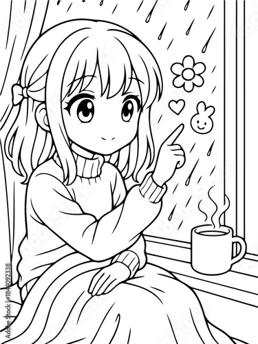 Rainy Day Contemplation: An adorable figure gazes out of a window at the rain, dreaming of happy things with a warm beverage at her side. A cozy moment of peace. 