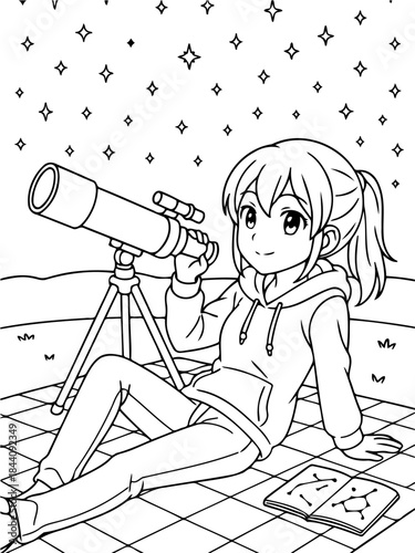 Stargazing: A girl gazing at the starry night through the telescope. The image shows the girl with a happy smile sitting on a picnic mat, a telescope focused on the stars in the night.