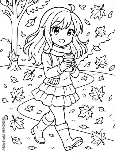 Autumn Stroll: An adorable girl takes a stroll through a crisp autumn day, surrounded by falling leaves and holding a warm cup of coffee, enjoying the season's tranquility.