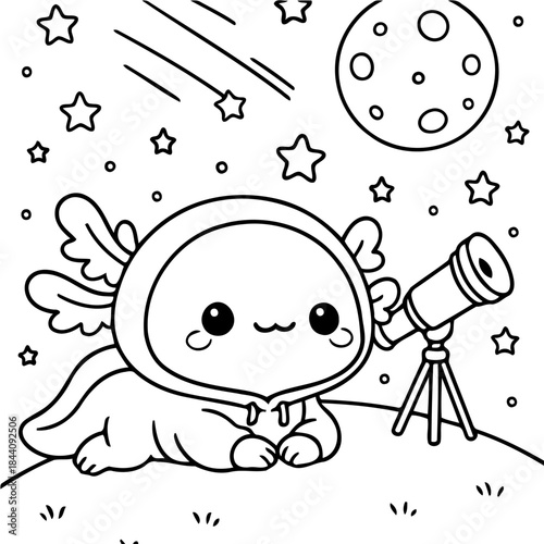 Axolotl stargazer:  A delightful cartoon axolotl gazes at the moon and stars with a telescope, in a whimsical scene filled with wonder and curiosity.