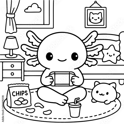 Axolotl Gaming Fun: A cute axolotl enjoying some leisure time, sitting on a round carpet with a snack, the axolotl immersed in a video game in a comfy room.