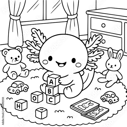 Cute Axolotl Playtime: A delightful axolotl is immersed in playful learning, constructing a tower of alphabet blocks amidst a collection of endearing toys and a cozy room. 