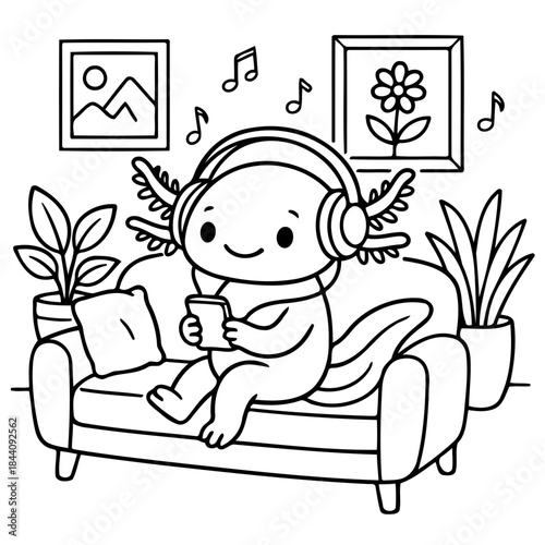 Relaxed Axolotl Listening to Music: A cheerful axolotl enjoying some downtime on a comfortable sofa, listening to music through headphones, and surrounded by framed art and houseplants.