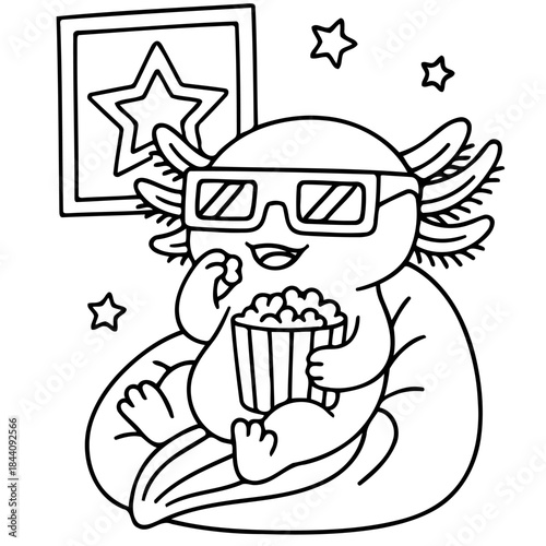 Axolotl at Cinema: An axolotl, sporting 3D glasses and enjoying a bucket of popcorn, is immersed in the cinematic experience with a movie star poster and twinkling stars. 