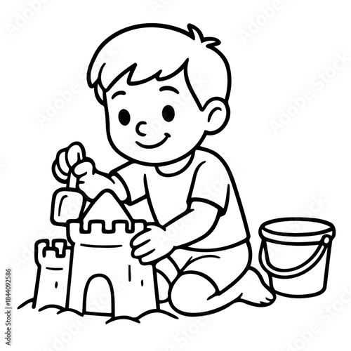 Sandcastle Sculptor: A young child joyfully molds a sandcastle at the beach, embodying the playful spirit of summer and the simple pleasures of creation.
