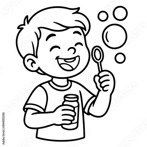 Childhood Bubbles of Joy: A cheerful young boy, lost in the simple delight of blowing soap bubbles, expresses pure happiness and lightheartedness.