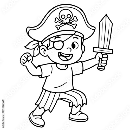Young Pirate with Treasure: A cartoon depiction of a spirited young pirate, complete with a classic hat, eye patch, and a sword, ready to embark on a swashbuckling adventure!
