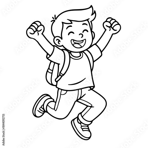Joyful Boy in Action: A happy boy, radiating pure joy, leaps with arms raised, his backpack accompanying him in this moment of spirited happiness. Perfect for conveying energy, glee.
