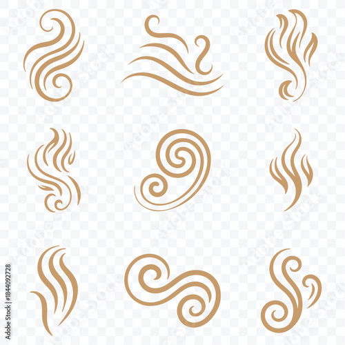 Collection of stylized smoke and steam icons.  Hit stink, coffee, fragrance flame elements. Smoke smell, steam aroma heat symbol. Vector illustration.