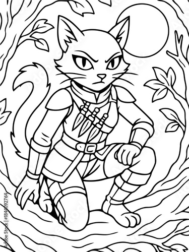 Feline Adventurer in the Woods: A brave cat stands guard with focused determination amidst a forest landscape. The scene evokes a sense of protection and courage.