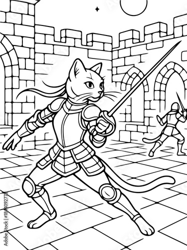 Warrior Cat in Castle: A valorous warrior cat, clad in full plate armor, brandishes a gleaming sword within the imposing walls of a stone castle, ready for battle.