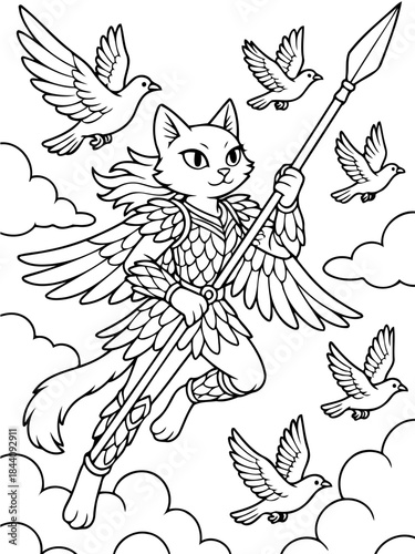 Feline Guardian in Flight: A valiant cat warrior, adorned in feathered armor and brandishing a spear, soars through the clouds, guided by a flock of doves.