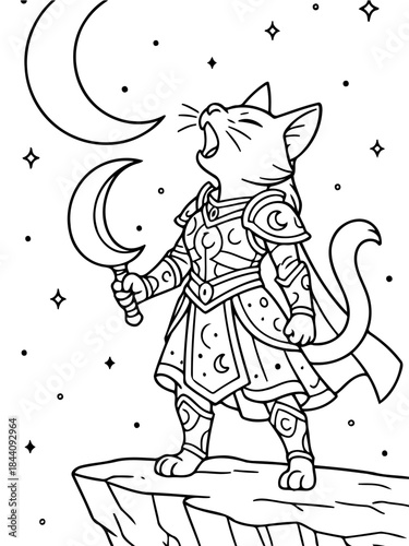 Celestial Guardian: A mystical cat, armored and holding a crescent moon blade, stands atop a cliff under a starry night sky, its silhouette echoing a tale of ancient magic and divine protection.
