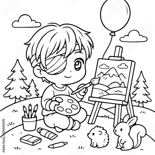 Artistic Dreamscape: A charming artist with an eye patch, immersed in their creative process. Surrounded by their art tools, creating a mountain landscape on canvas and their animal friends.