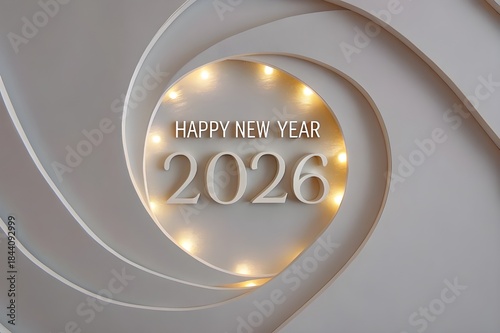 White layered paper-cut background with soft beveled edges, each layer trimmed subtly with elegant metallic gold lining, centered minimal “Happy New Year 2026” in refined serif typography