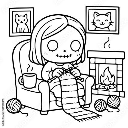 Cozy Knitting by the Fire: A serene moment captured as a person with spooky face knits a scarf by the fire, embraced by warmth.