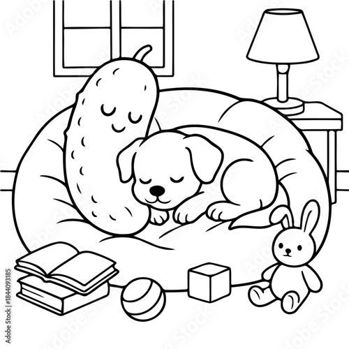 Cozy Naptime Companions: A heartwarming scene unfolds as a small dog and a whimsical pickle rest peacefully on a plush beanbag, alongside playful toys.