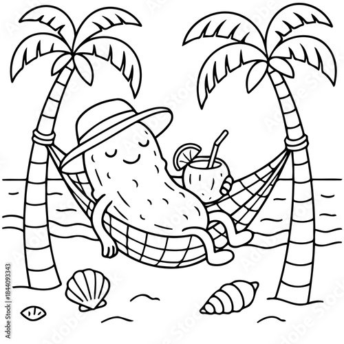Relaxing on the Beach: An illustrated character enjoying a blissful summer day, lounging in a hammock with a refreshing drink under palm trees. 