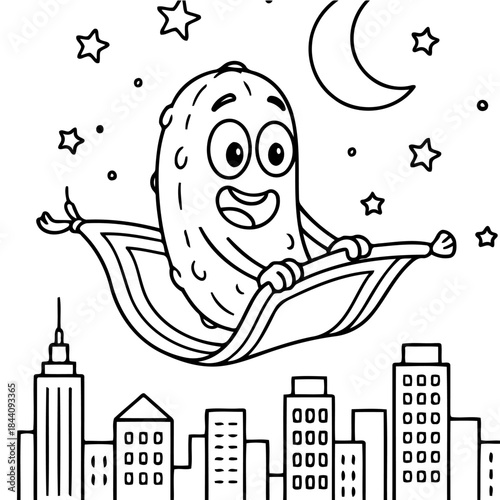 Cucumber's Dream: A whimsical illustration of a smiling cucumber soaring above the cityscape on a magic carpet under a starry night sky.