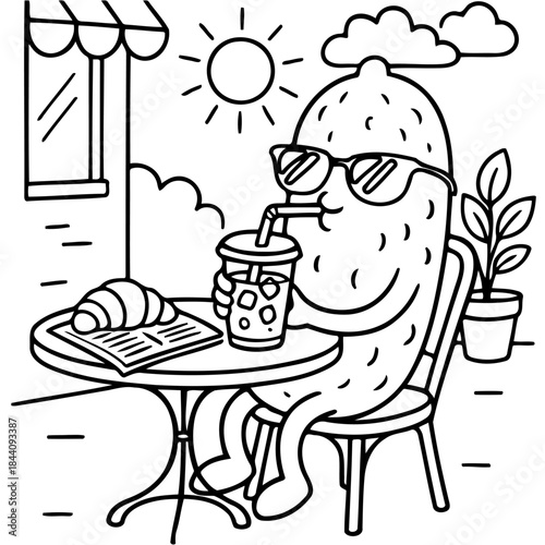 Lemon Enjoying a Refreshing Drink: A cheerful lemon sporting sunglasses sits at a table, enjoying a refreshing beverage with a croissant and newspaper, basking in the sunlight.